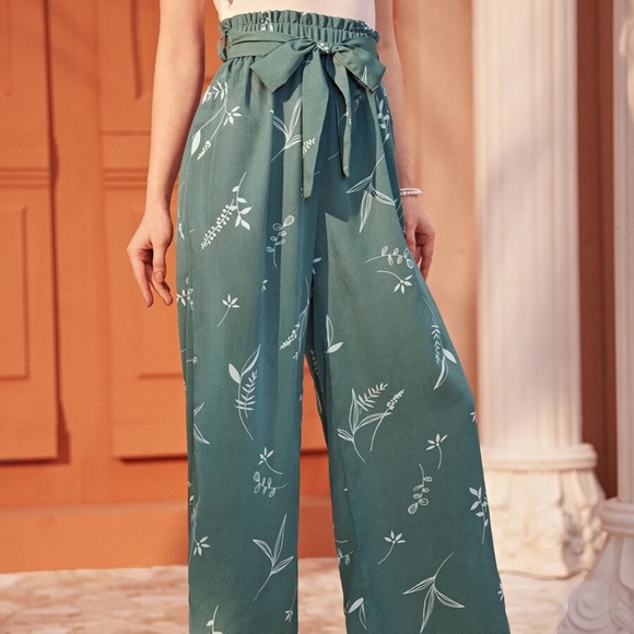 Boho Floral Print Front Tie Mint Wide leg Pants - Picture 3 of 7